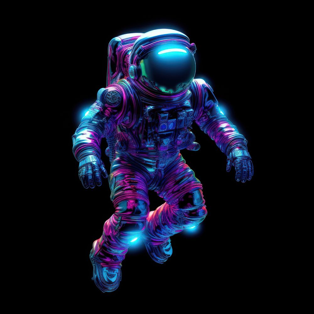 Neon astronaut purple space black background.