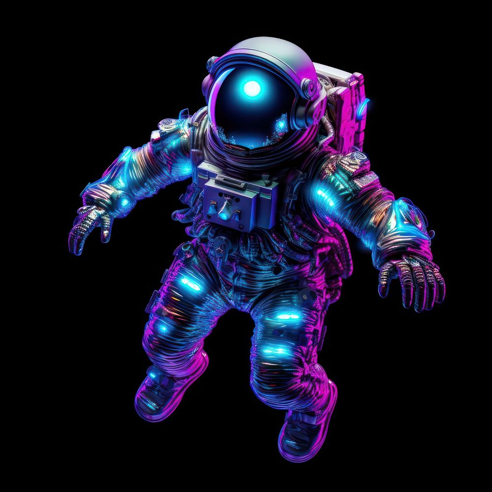 Neon astronaut purple robot black background.