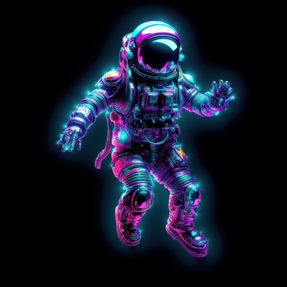Neon astronaut purple black background illuminated.