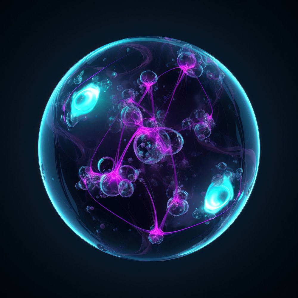 Neon bubble sphere black background biotechnology.