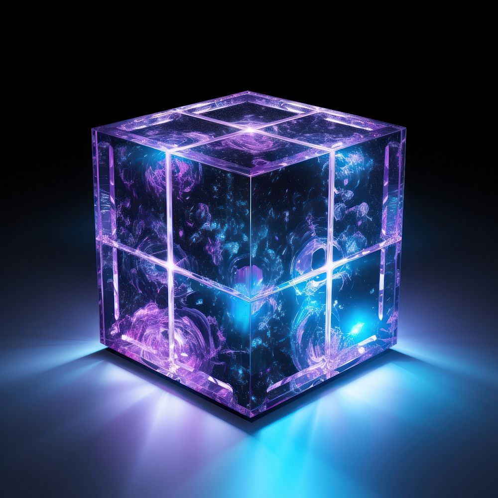 Neon Cube in space light crystal illuminated.