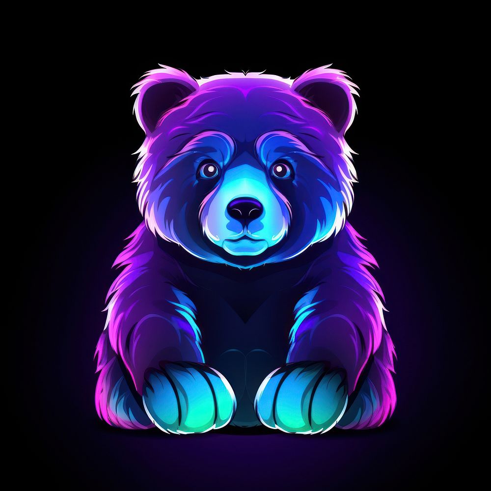 Neon Cute bear purple mammal black background.