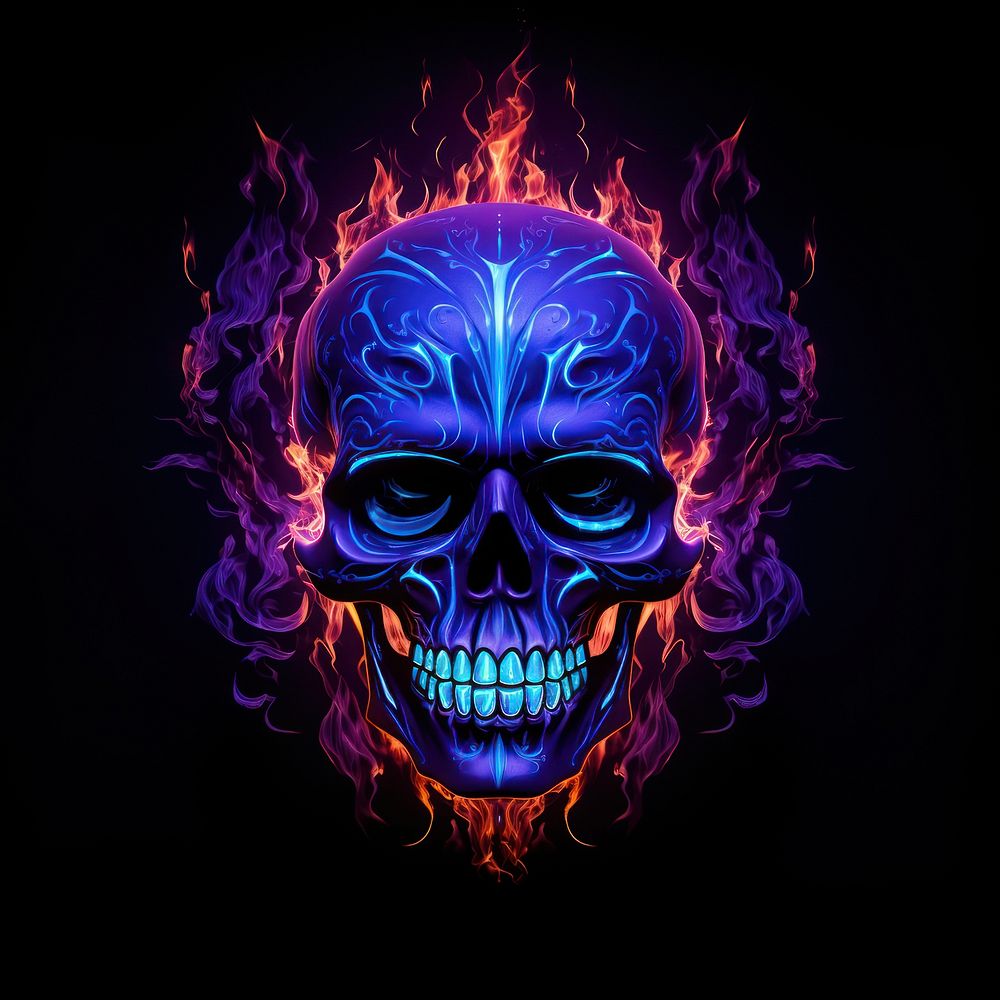 Neon skull fire purple black background illuminated.