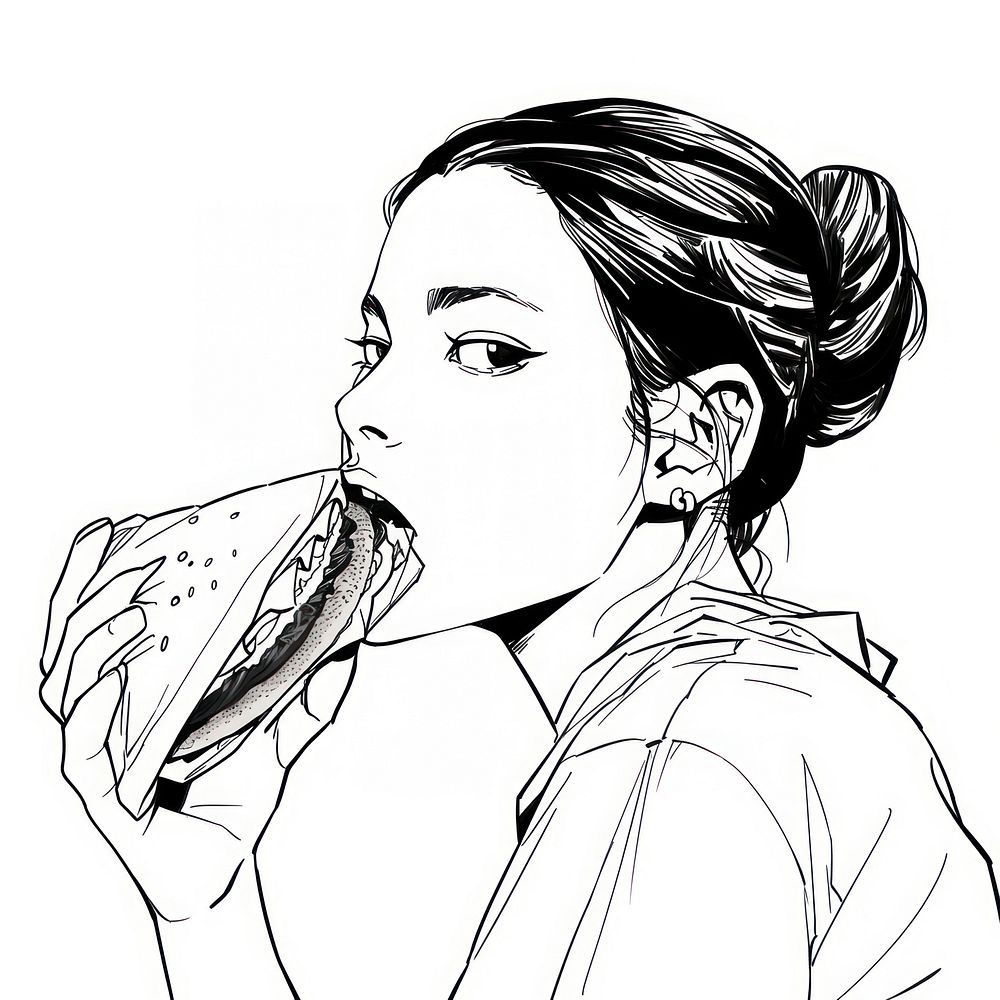 Outline sketching illustration of a woman eating taco drawing cartoon comics.