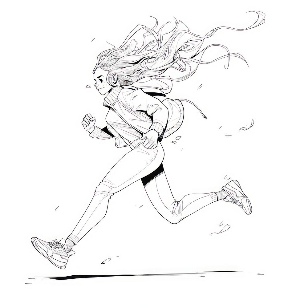 Outline sketching illustration of a woman running drawing cartoon white.