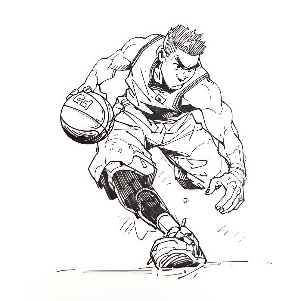 Outline sketching illustration of a basketball player cartoon drawing sports.