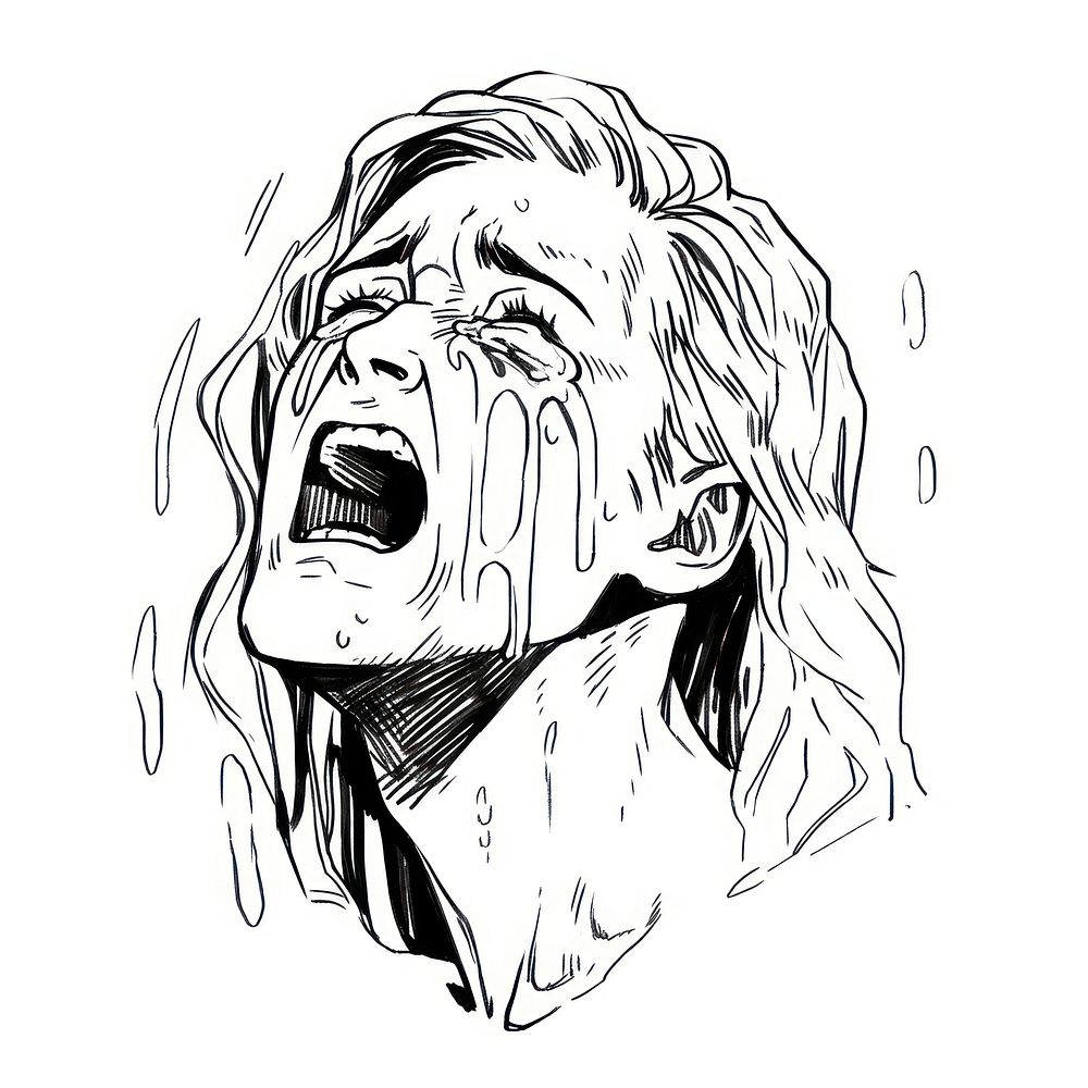 Outline sketching illustration of a female Crying cartoon drawing illustrated.