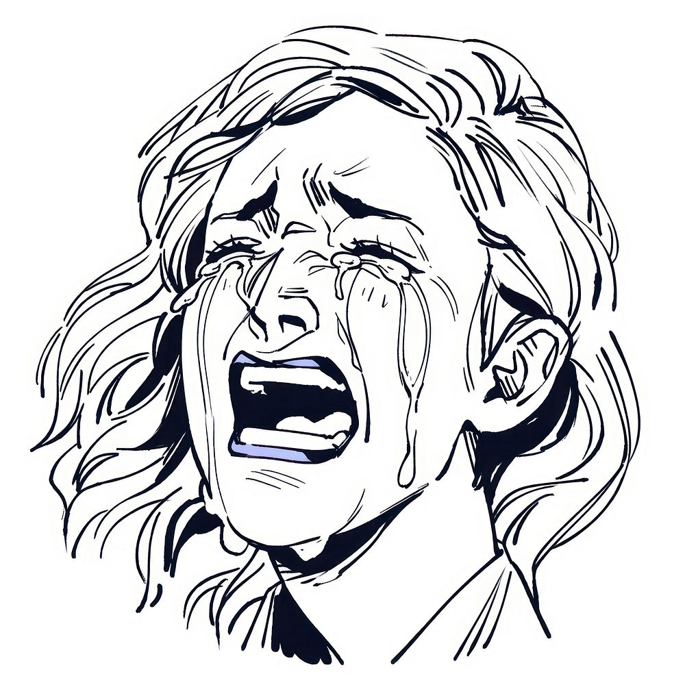 Outline sketching illustration of a female Crying portrait drawing cartoon.