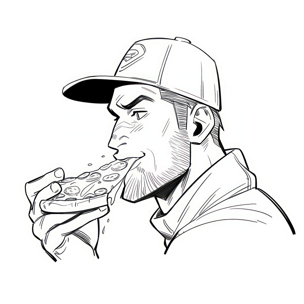 Man eating pizza sketch drawing cartoon.