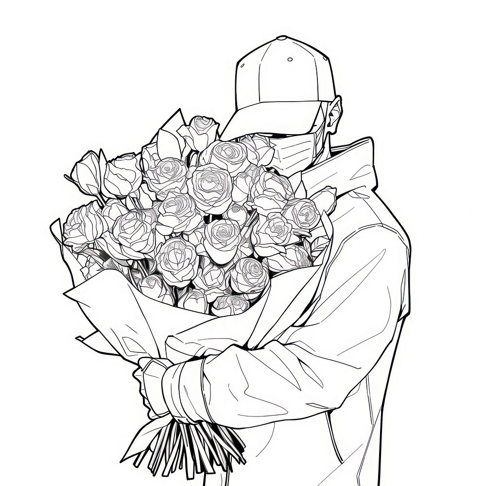 Man holding bouquet sketch cartoon drawing.
