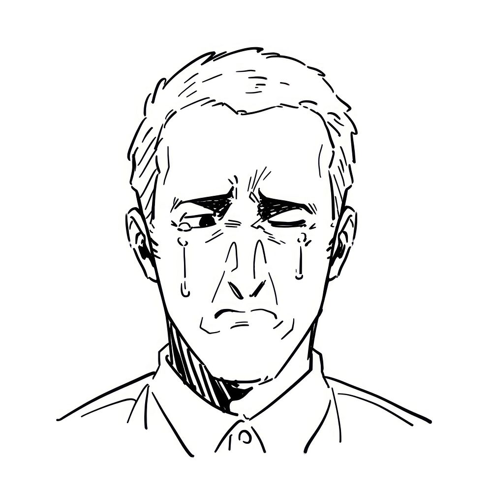 Outline sketching illustration of a man sad portrait cartoon drawing.