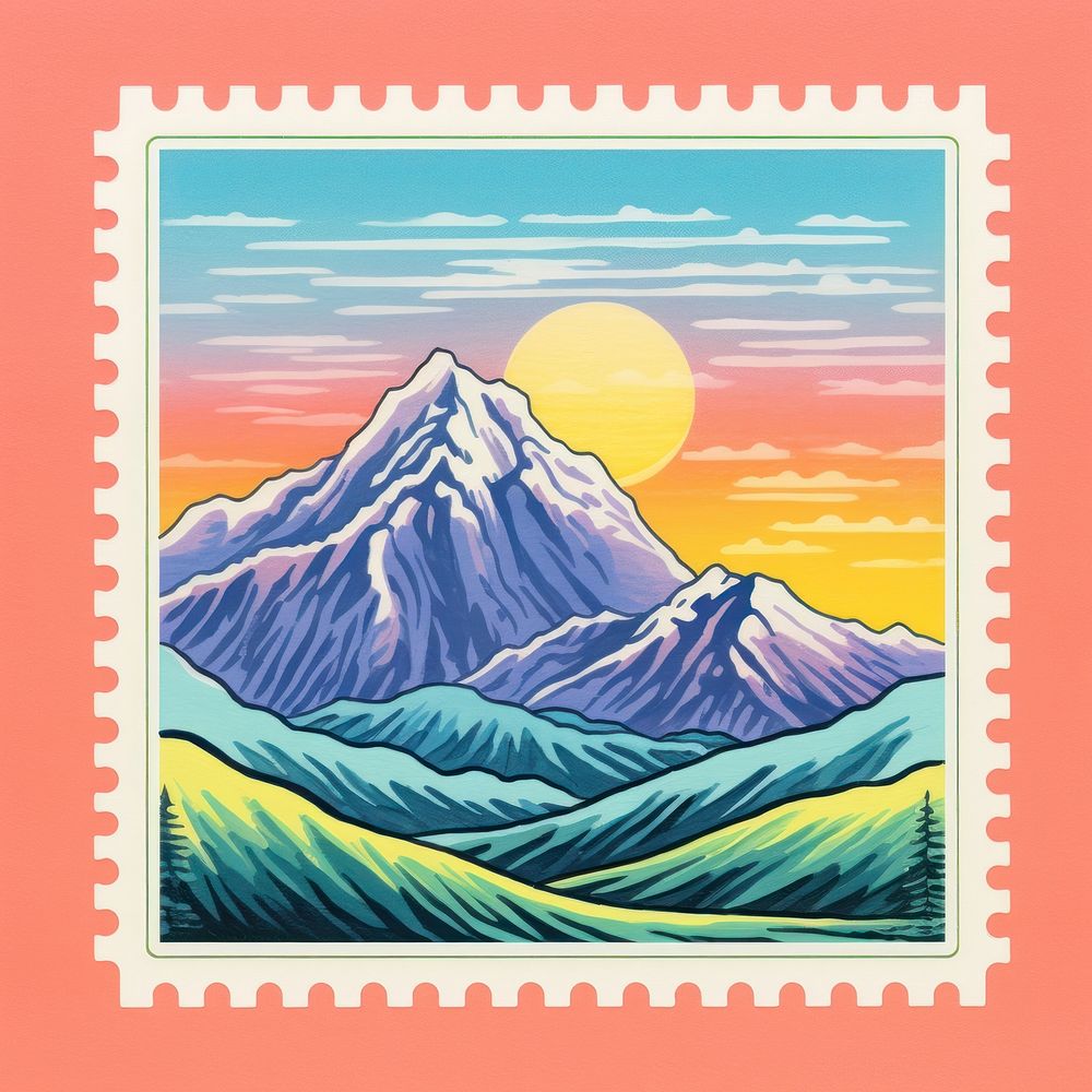 Mountain Risograph style nature stratovolcano postage stamp.