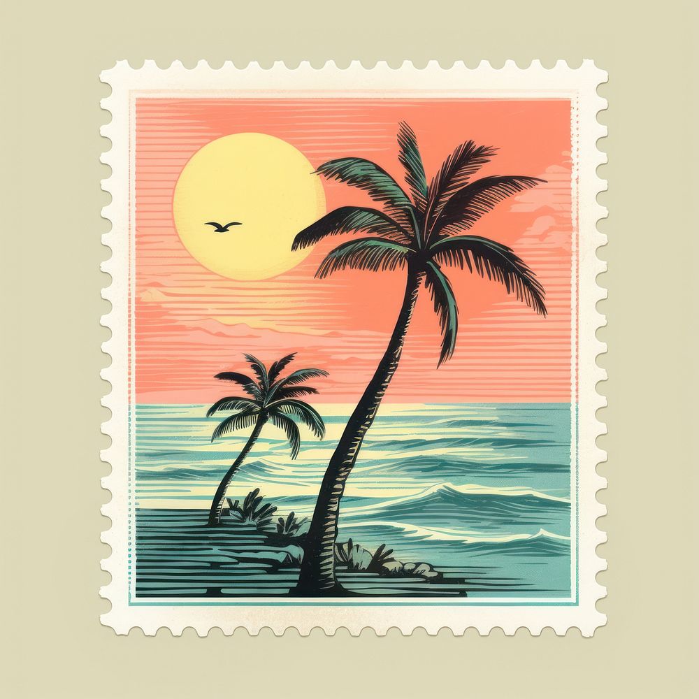 Beach Risograph style outdoors postage stamp blackboard.