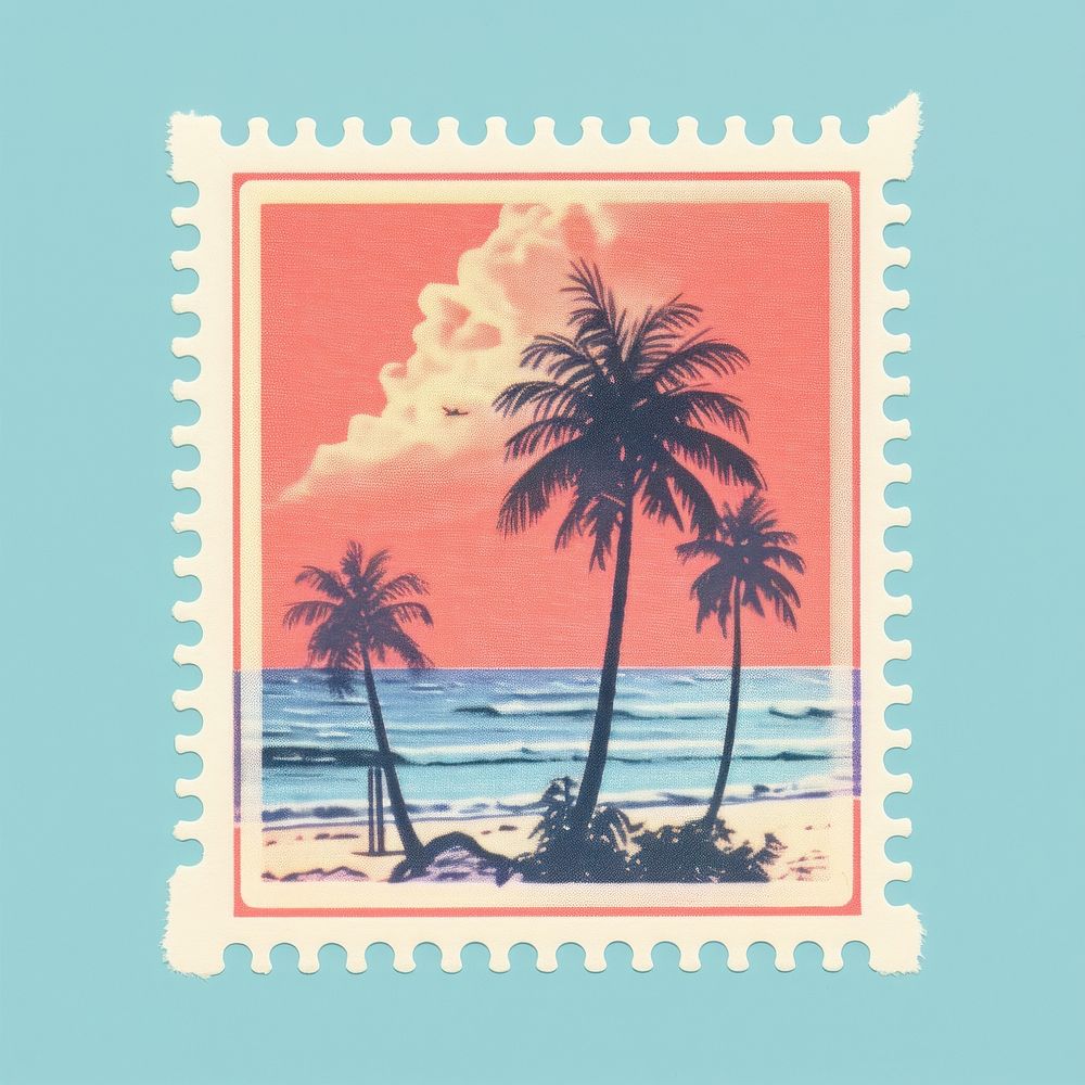 Beach Risograph style plant postage stamp arecaceae.