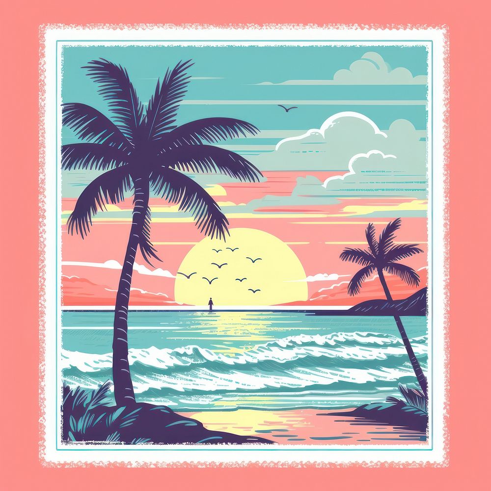 Beach Risograph style beach outdoors painting.