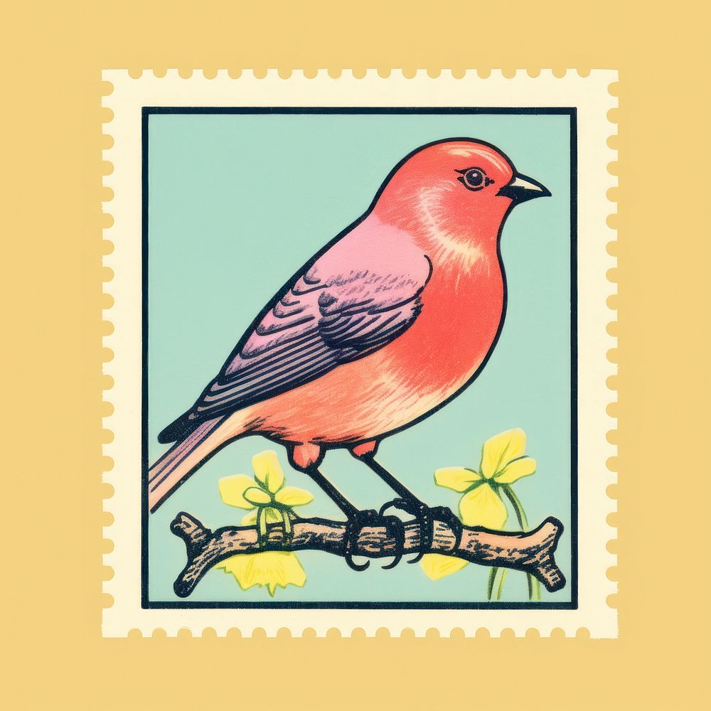 Bird Risograph style bird animal postage stamp.