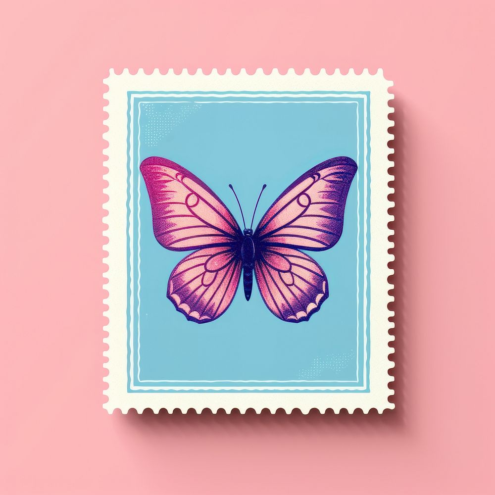 Cute butterfly Risograph style postage stamp blackboard envelope.