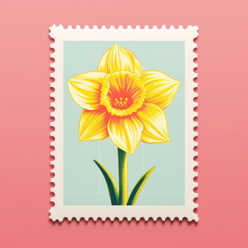 Cute Daffodil Risograph style daffodil flower plant.