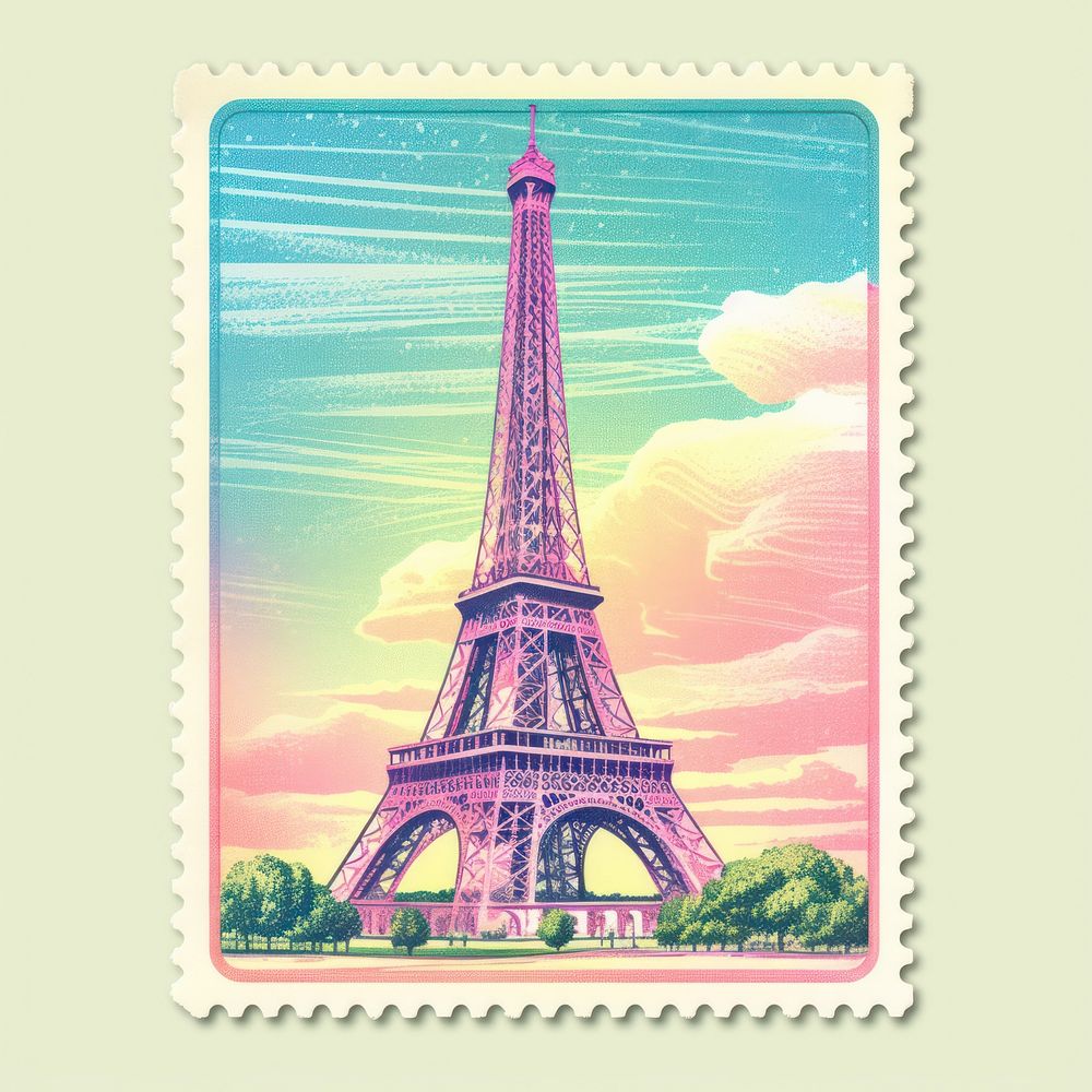 Eiffel tower Risograph style architecture postage stamp technology.
