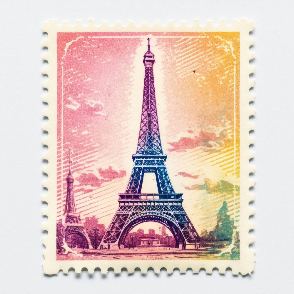 Eiffel tower Risograph style architecture letter postage stamp.
