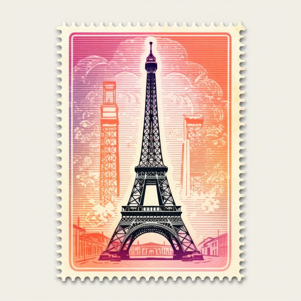 Eiffel tower Risograph style postage stamp architecture illuminated.