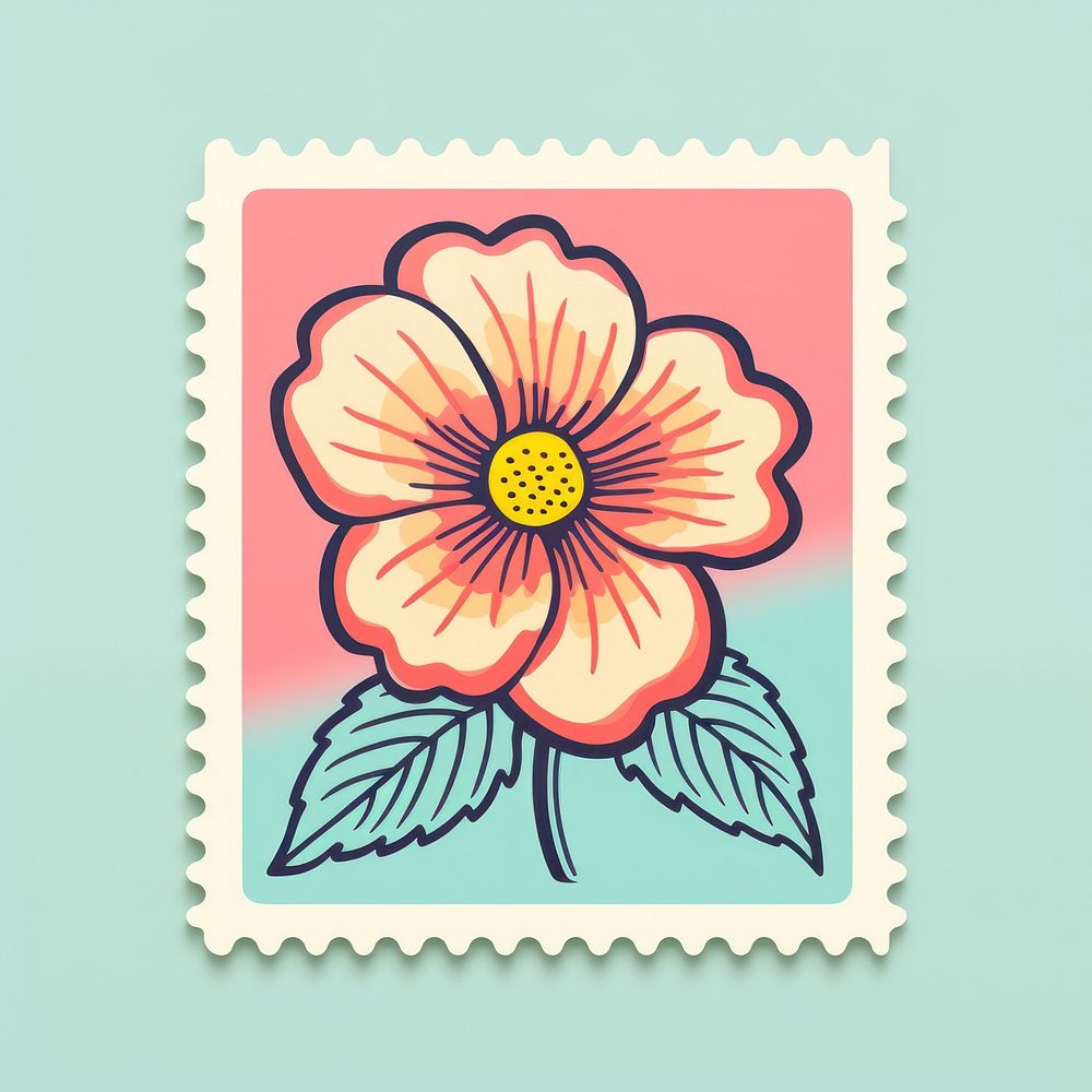 Flower pattern Risograph style plant inflorescence postage stamp.