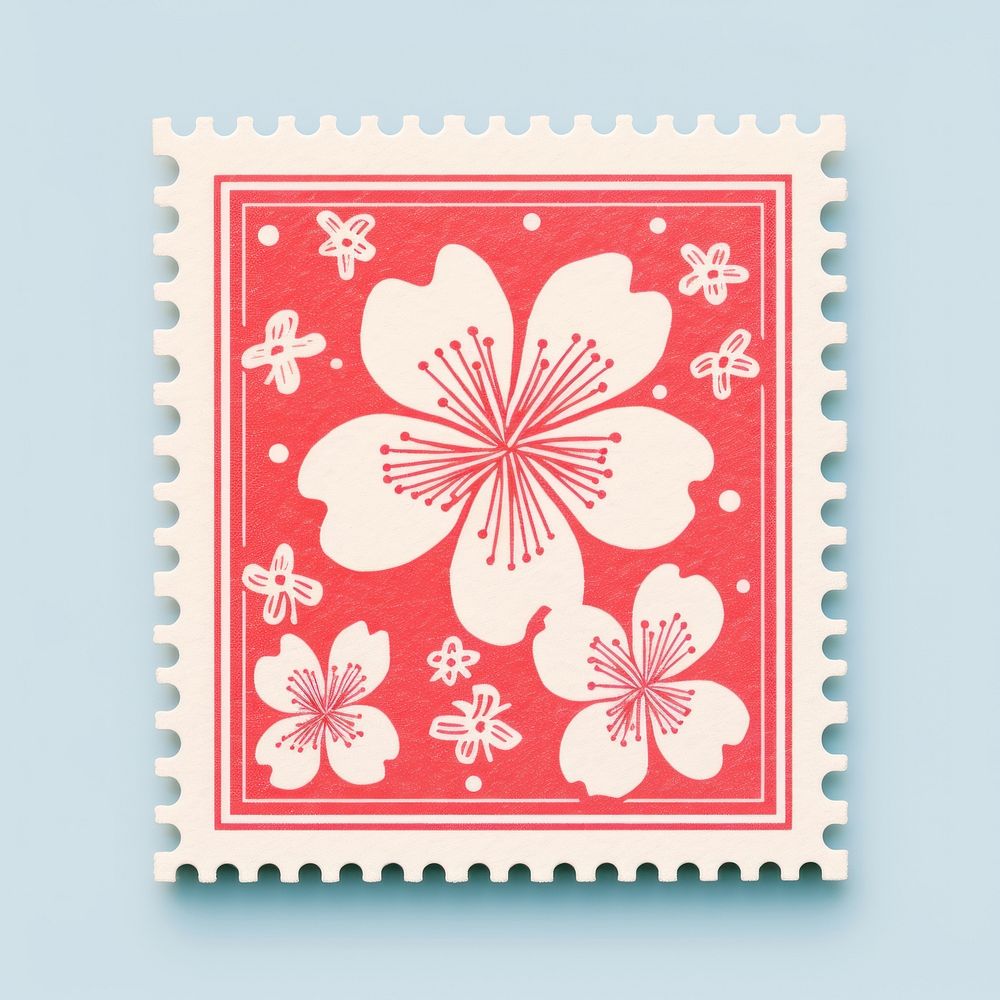 Sakura Risograph style flower plant postage stamp.
