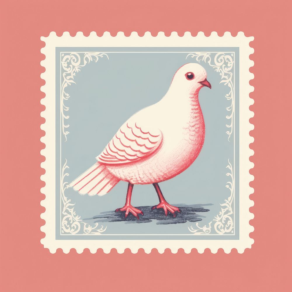 White Dove Risograph style animal bird postage stamp.