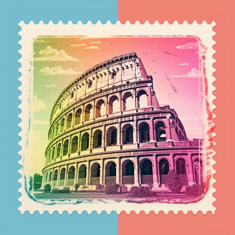 Colosseum Risograph style architecture postage stamp amphitheater.