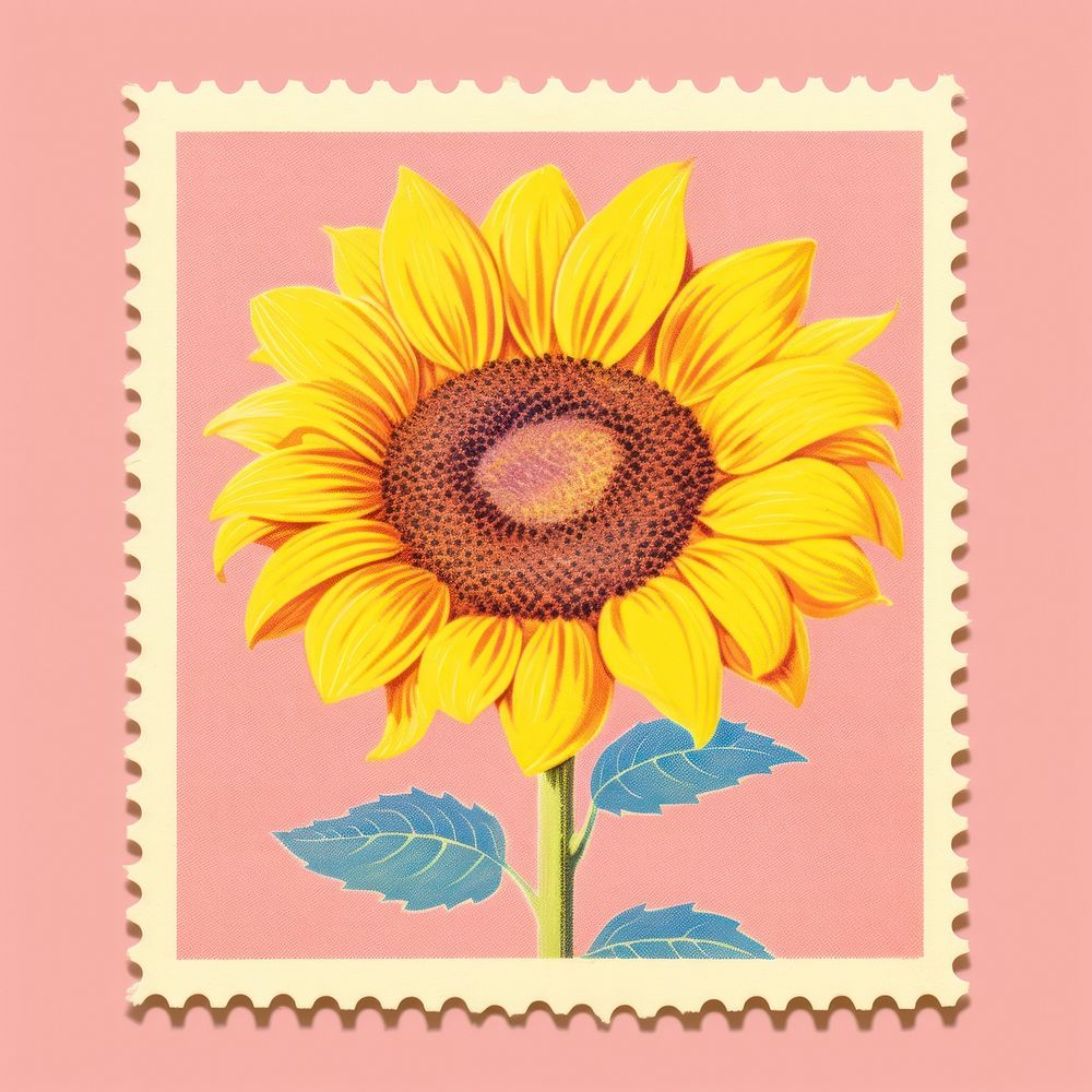 Sunflower Risograph style plant inflorescence postage stamp.