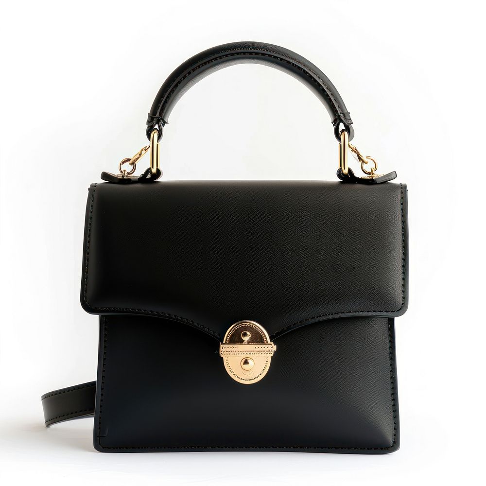 Black leather hand bag handbag purse white background.