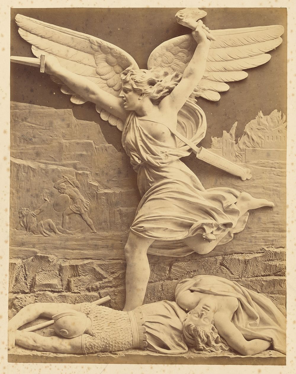 Relief sculpture of winged figure with daggar