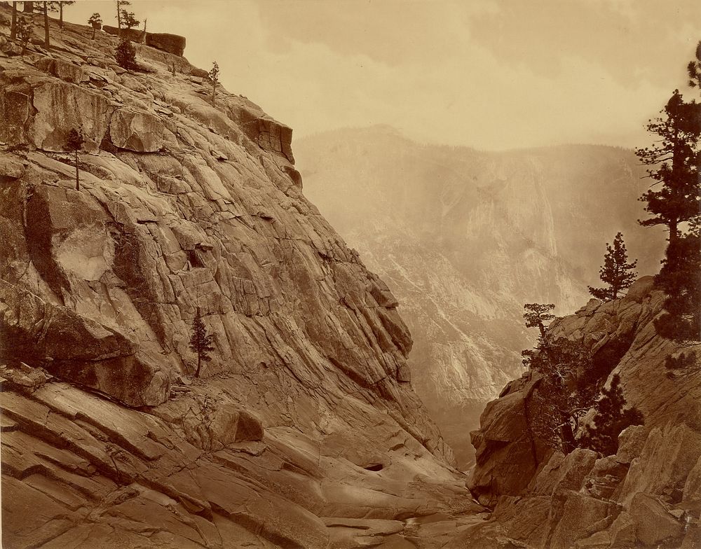 Yosemite Creek.  Summit of Falls at Low Water (no. 44). by Eadweard J Muybridge