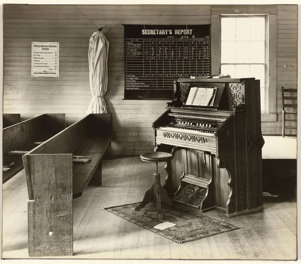 Church Organ with Pews / The Church Organ, Alabama / Church Interior, Alabama by Walker Evans