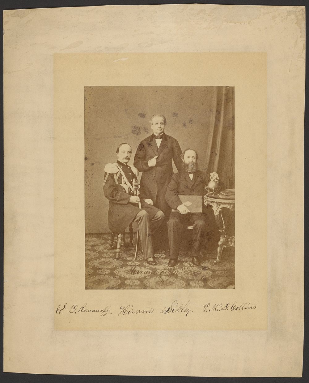Colonel Romanov, Hiram Sibley, and Perry Collins discussing Russian-American Telegraph project