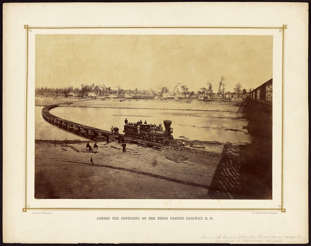 Leavenworth, Lawrence, and Galveston Railroad Bridge across the Kaw River at Lawrence, Kansas by Alexander Gardner