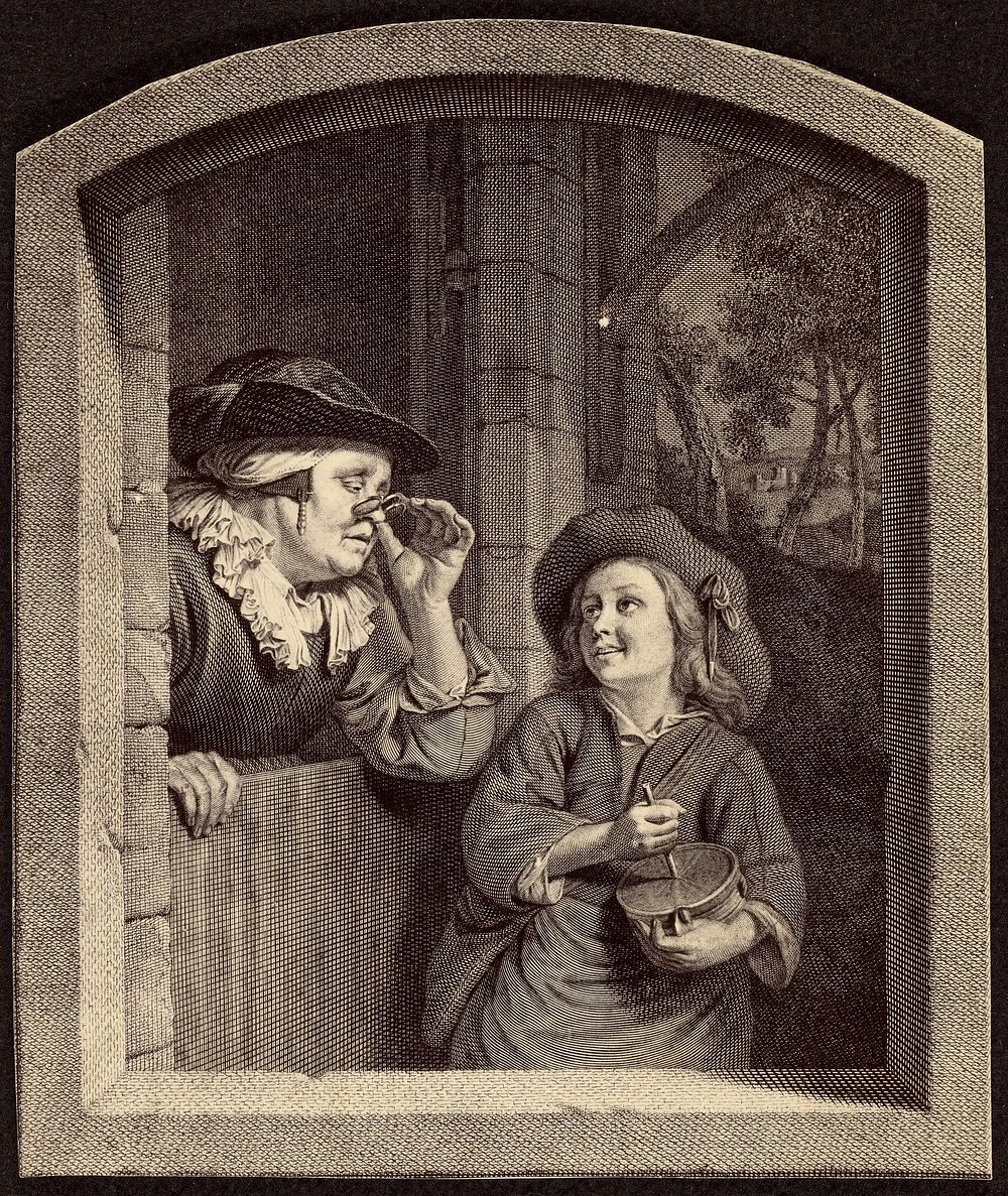 Engraving of old woman and boy