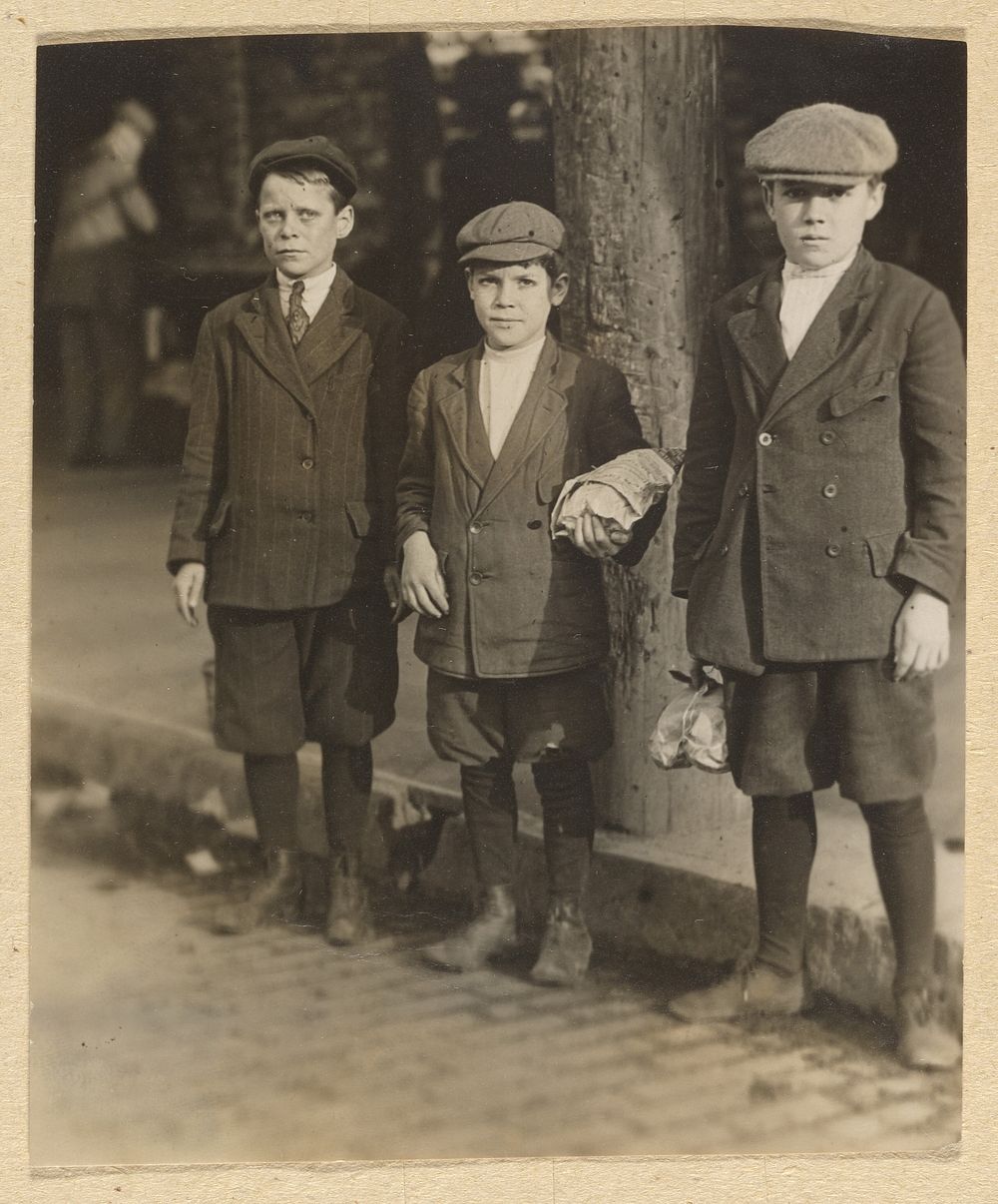 Three Boys on City Street in Knickers and Caps by Lewis W Hine