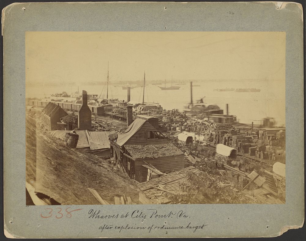 Wharves at City Point, Va. after explosion of ordinance barges. by A J Russell