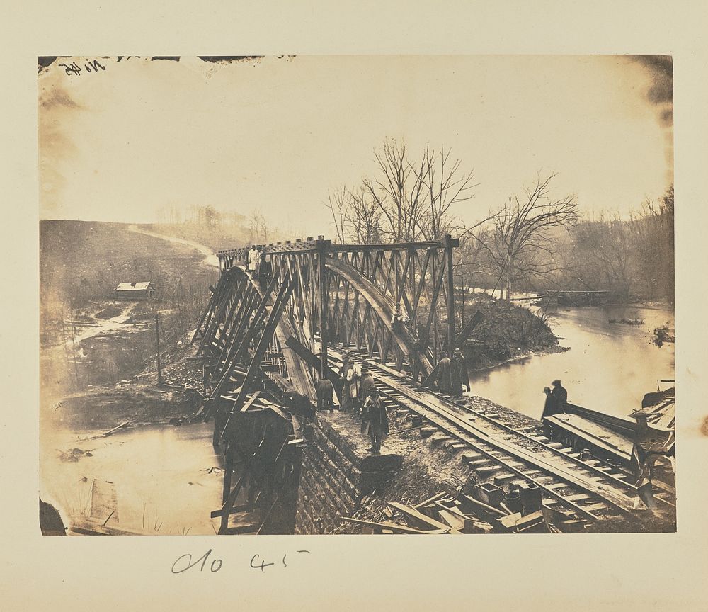 Part of Construction Corps building new Military Truss Bridge across Bull Run, April 1863 by A J Russell