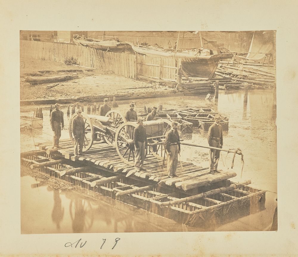 Raft of blanket boats ferrying field artillery and men over Potomac River by A J Russell
