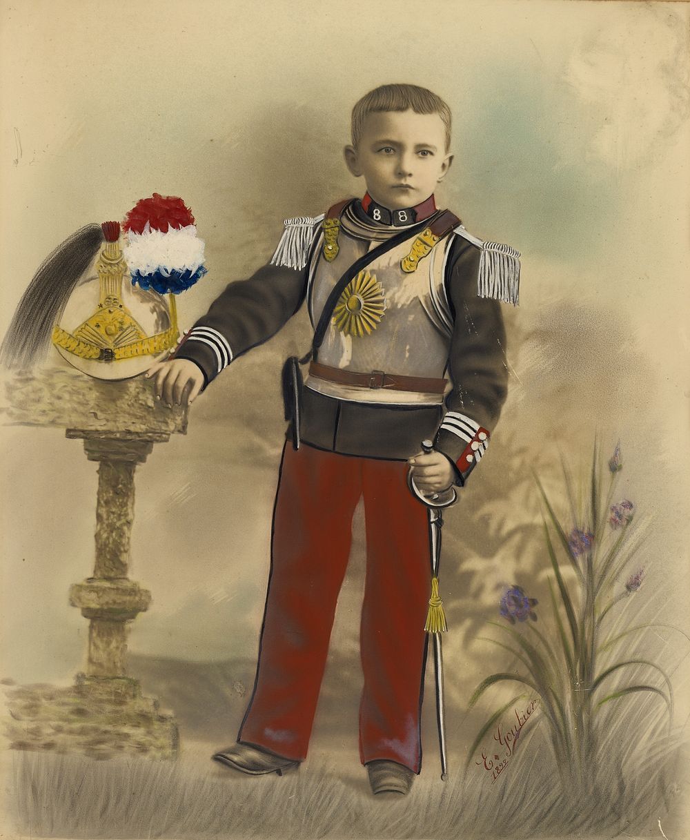 Boy in Military Dress with Helmet on Stand by E Goubier
