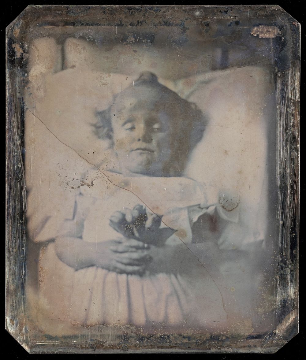 Postmortem Portrait of a Little Girl Holding a Small Bouquet of Roses by Jacob Byerly