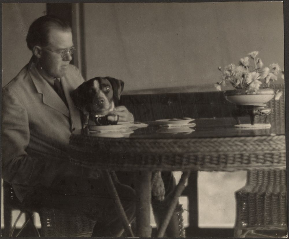 Man and Dog Seated at Table by Louis Fleckenstein