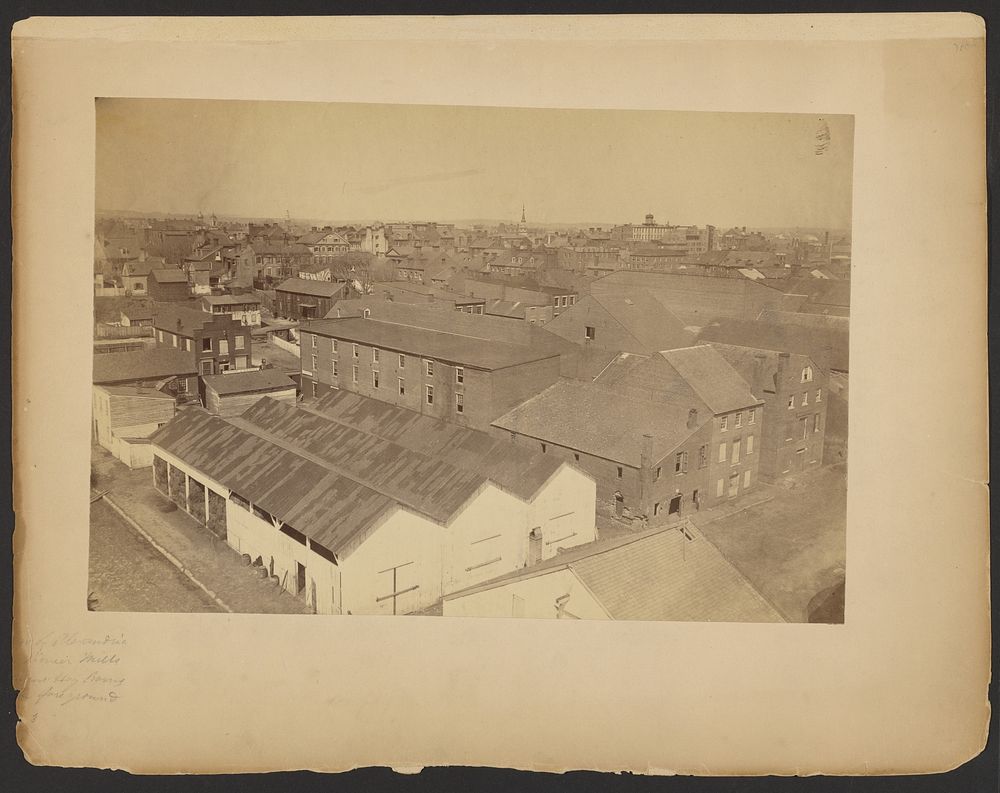 View of Alexandria, Pioneer Mills, Government Hay Barns in Foreground. [May 1865]. by A J Russell