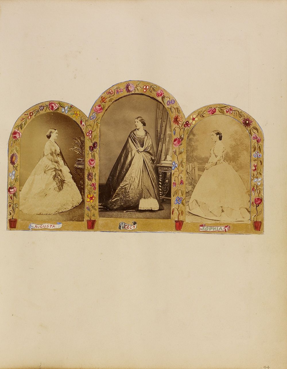 Triptych photo collage of Augusta Maria, Countess of Carysfort, Eleanor Cecilia, Lady Heneage, and Lady Sophia Hare