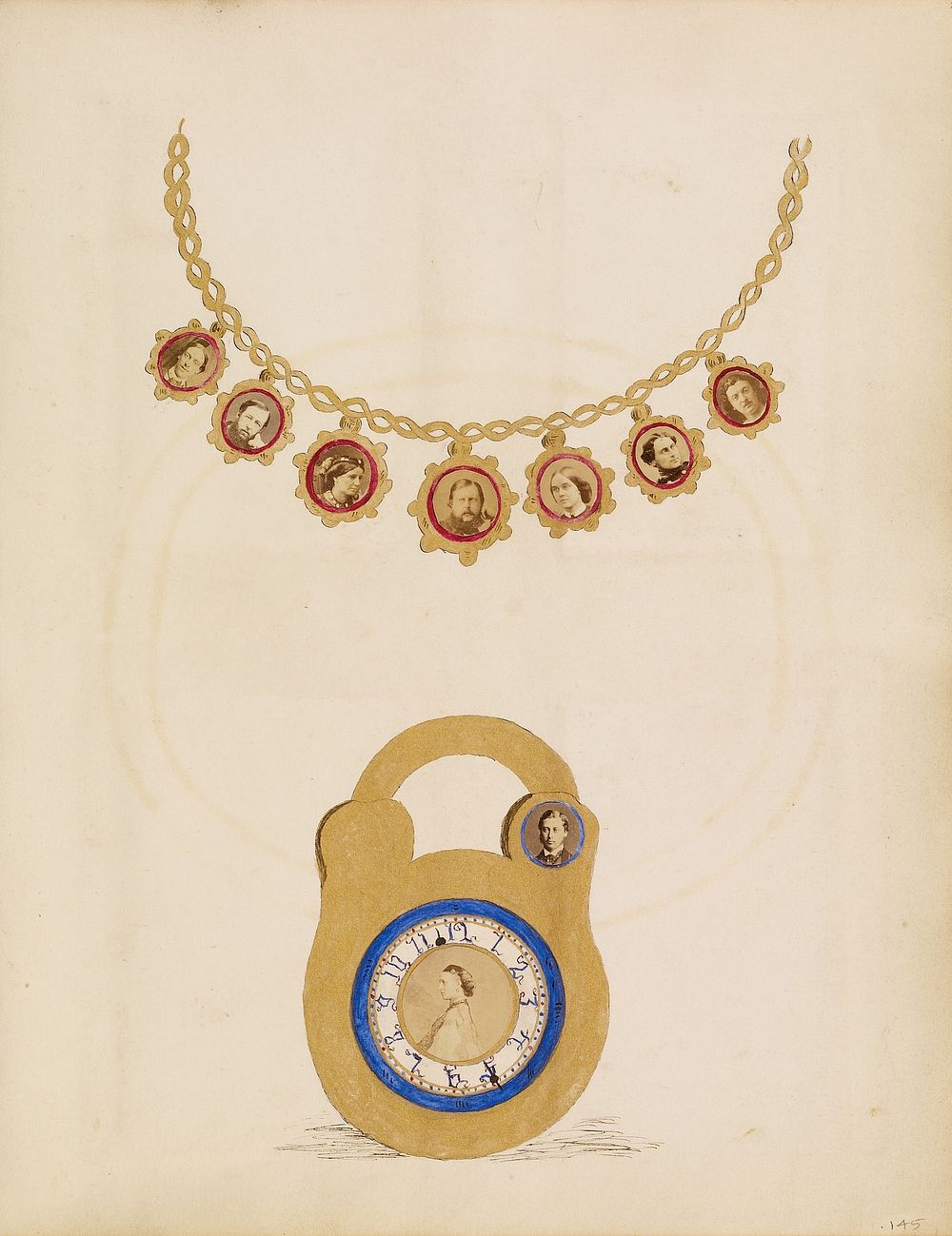 Photo collage of a necklace and lock with nine portraits