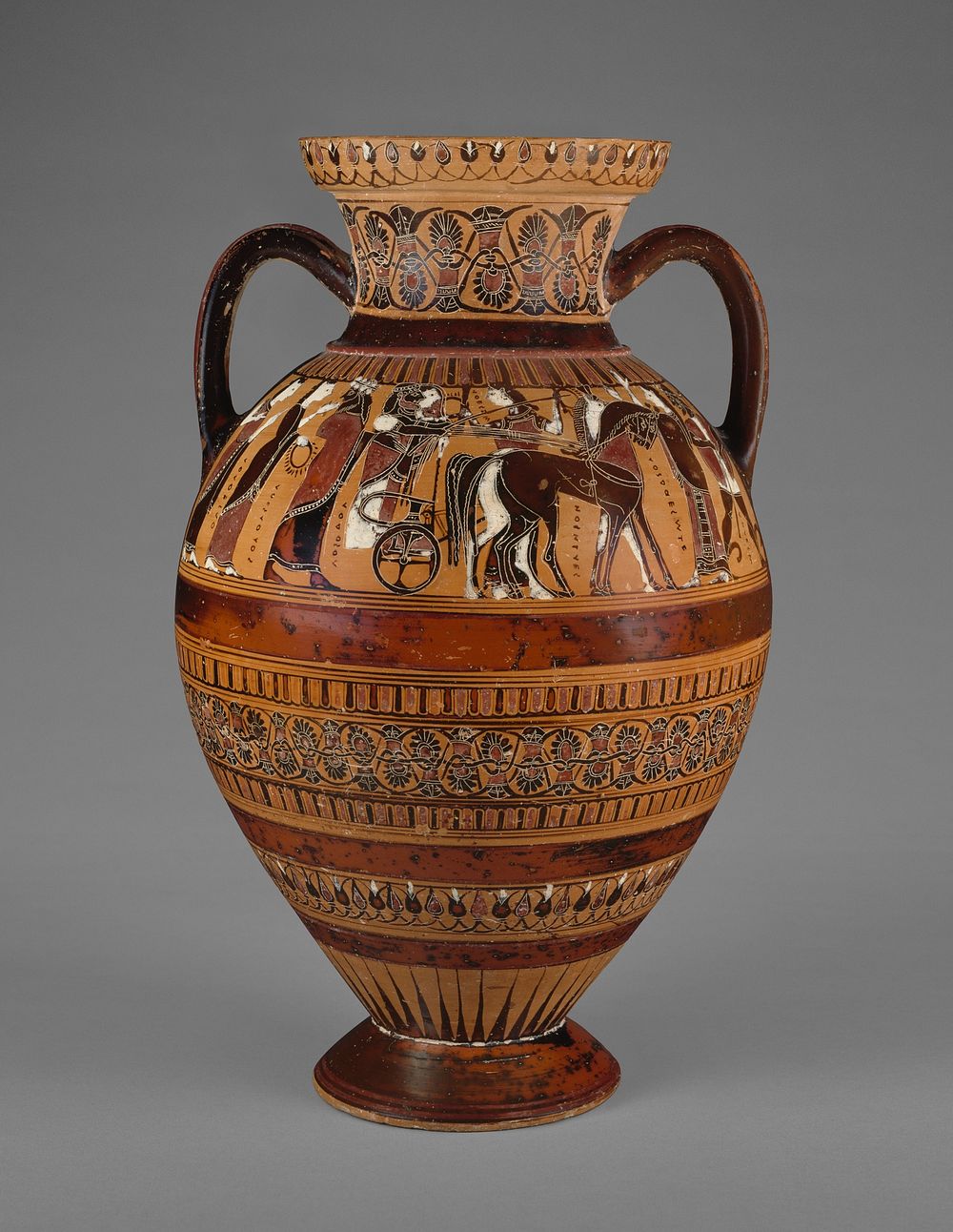Attic Black-figure "Tyrrhenian" Amphora with (A) a Wedding Procession and (B) a Combat Scene by Pointed Nose Painter