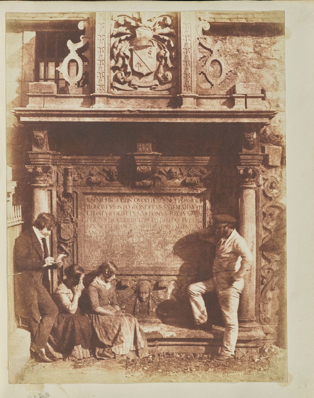 Greyfriars' Churchyard, the Dennistoun Monument with D.O.Hill, his nieces and an unknown man by Hill and Adamson