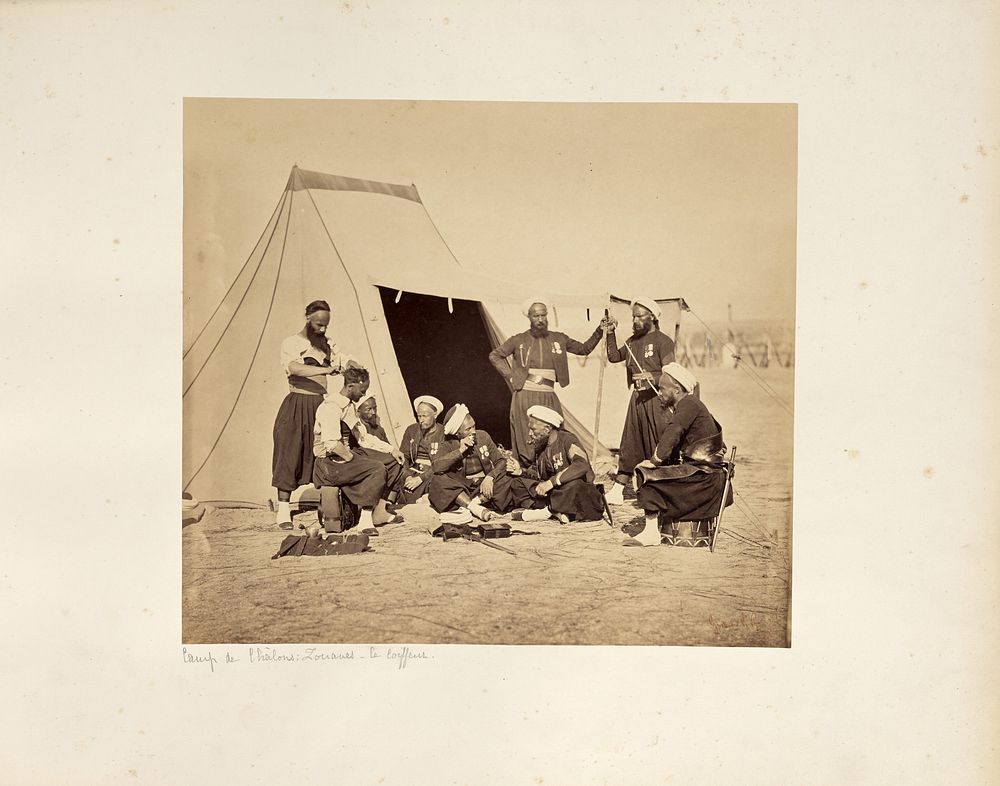 Camp de Châlons: Zouaves - le coiffeur by Gustave Le Gray
